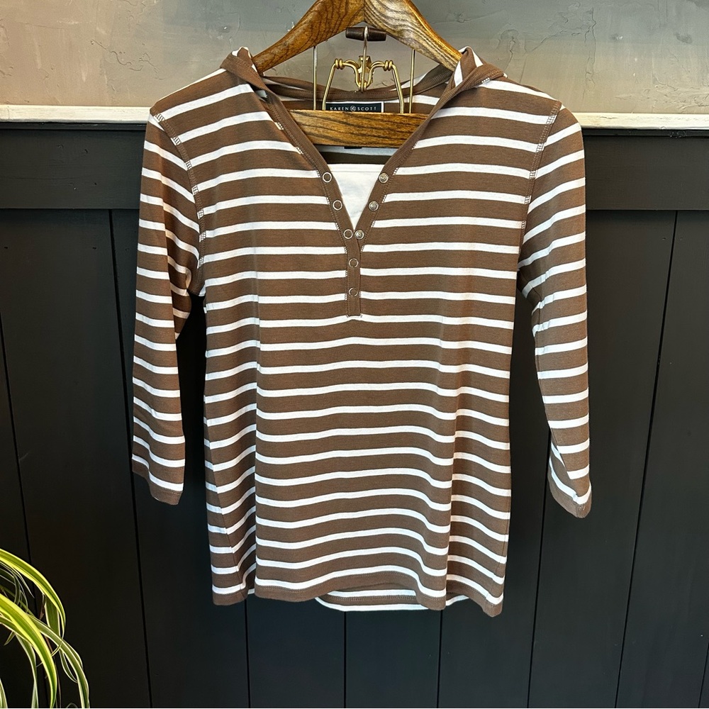 Karen Scott Sport Woman's Cotton White & Tan Striped With Hood Size M